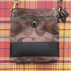 Coach Signature Brown and Black Crossbody Bag with Leather Trim